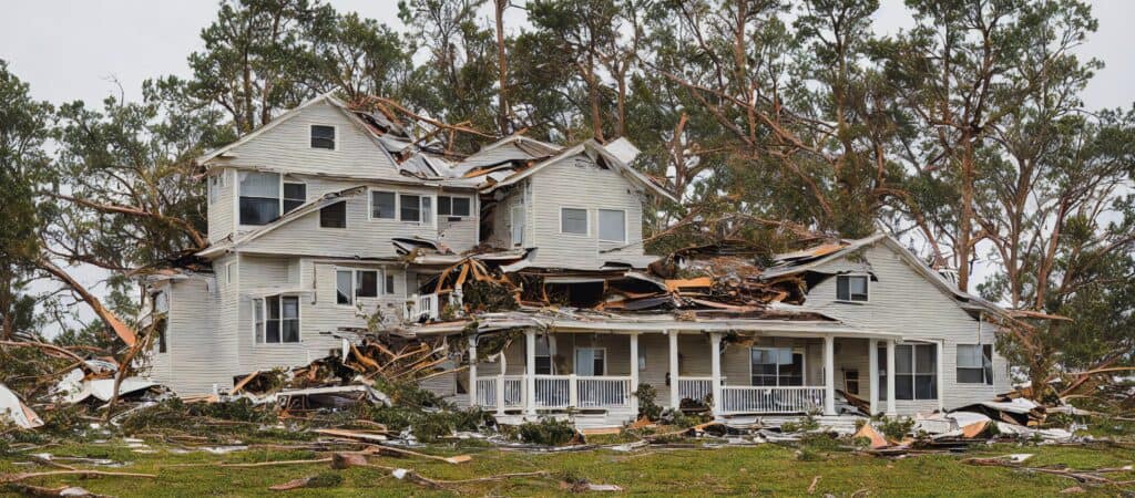 A large white house heavily damaged by a storm, with parts of the roof collapsed and debris scattered around the structure; trees in the background are also damaged.