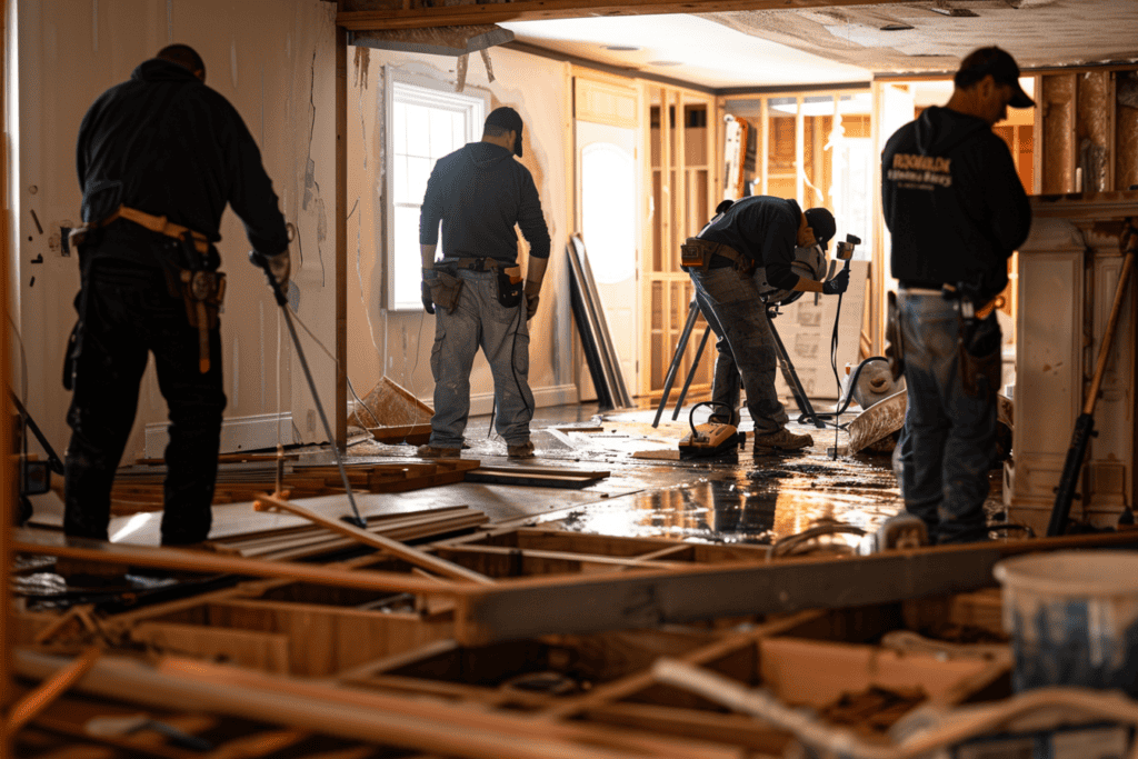 Four construction workers in a partially demolished room are performing tasks like measuring and drilling. The area is cluttered with debris, tools, and materials, while natural light enters through a large window, illuminating the space.