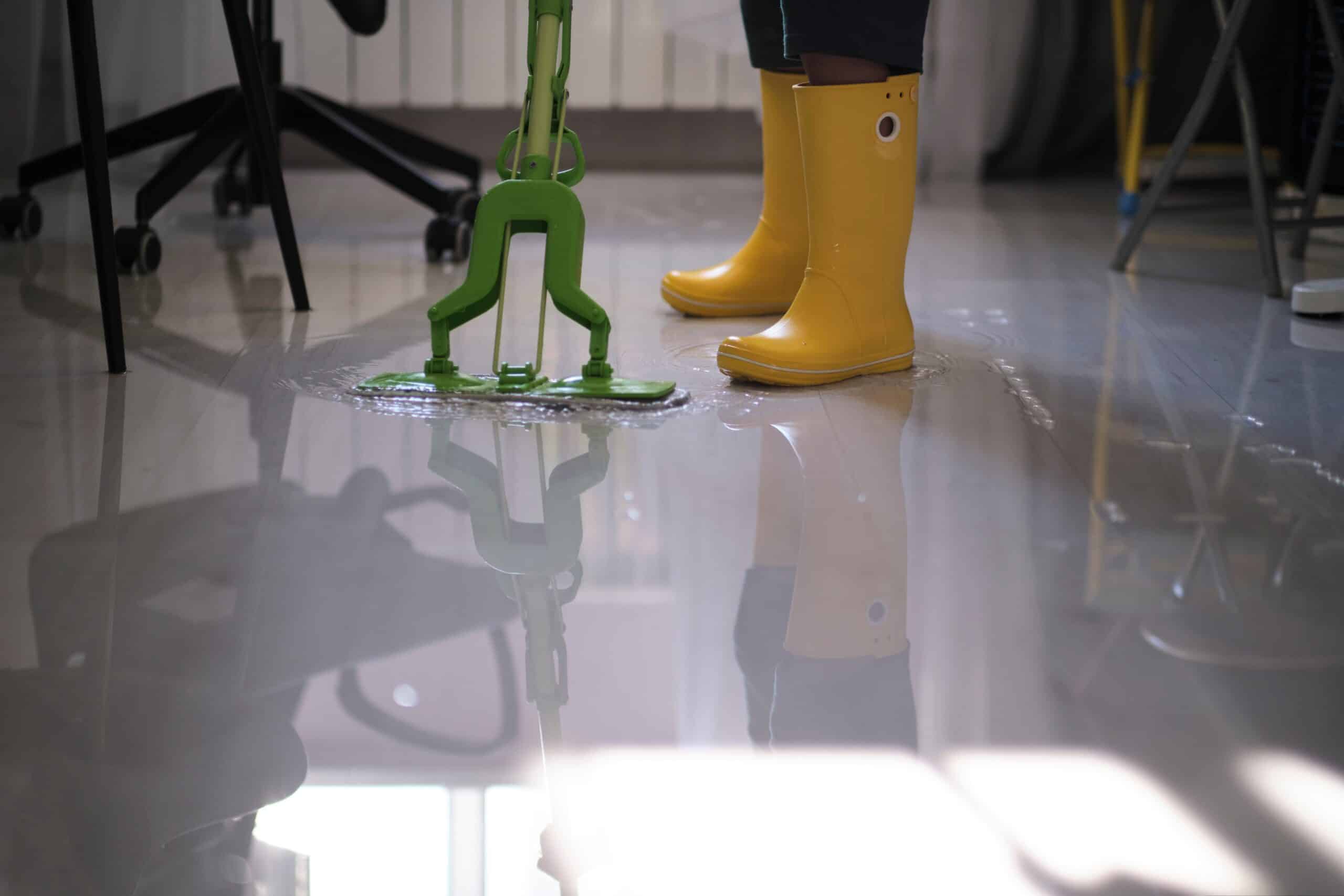 A person wearing yellow rubber boots uses a green mop to clean a wet, shiny floor. Office furniture, such as a chair and desk, is partly visible in the background.