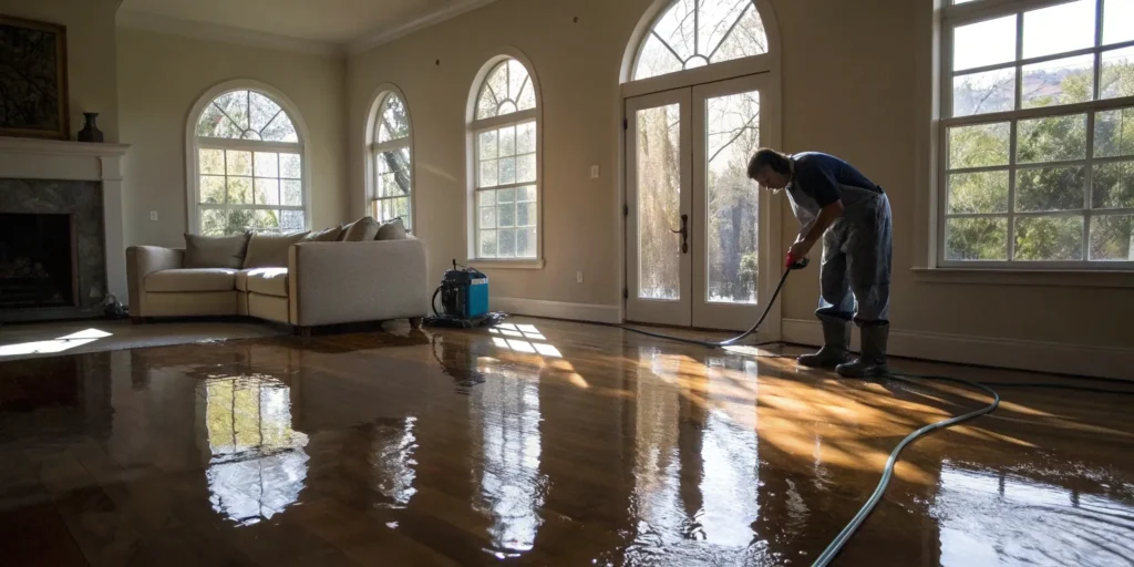 Emergency water extraction from a flooded home.