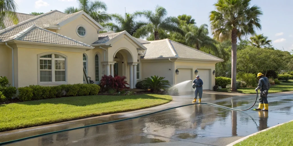 Flood restoration: Cleaning a flooded driveway.