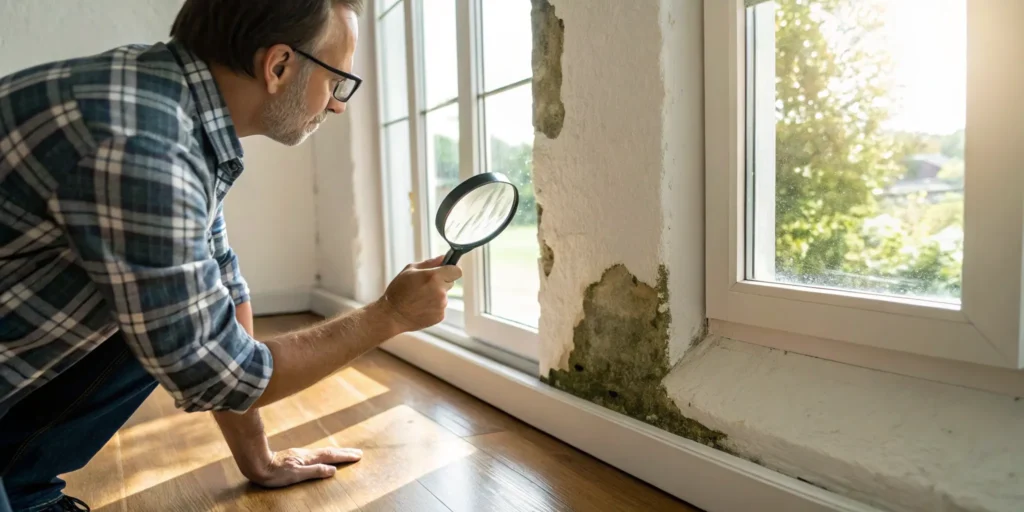 Mold inspection with magnifying glass.