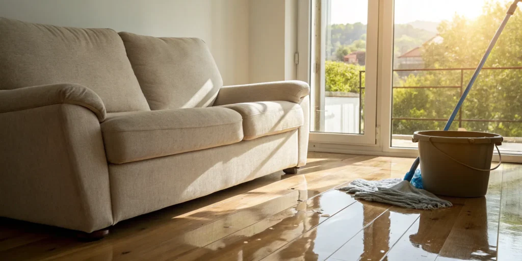 Water damage restoration: Wet floor, mop, and bucket near sofa.