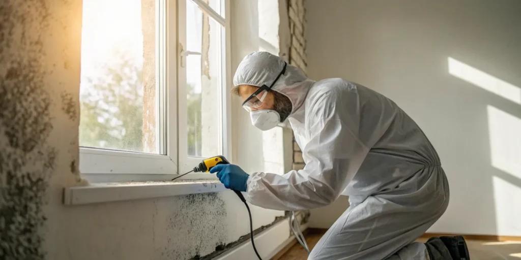 Mold removal technician sanitizing a commercial window frame.