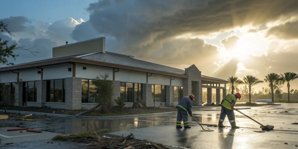 Commercial hurricane damage restoration begins.