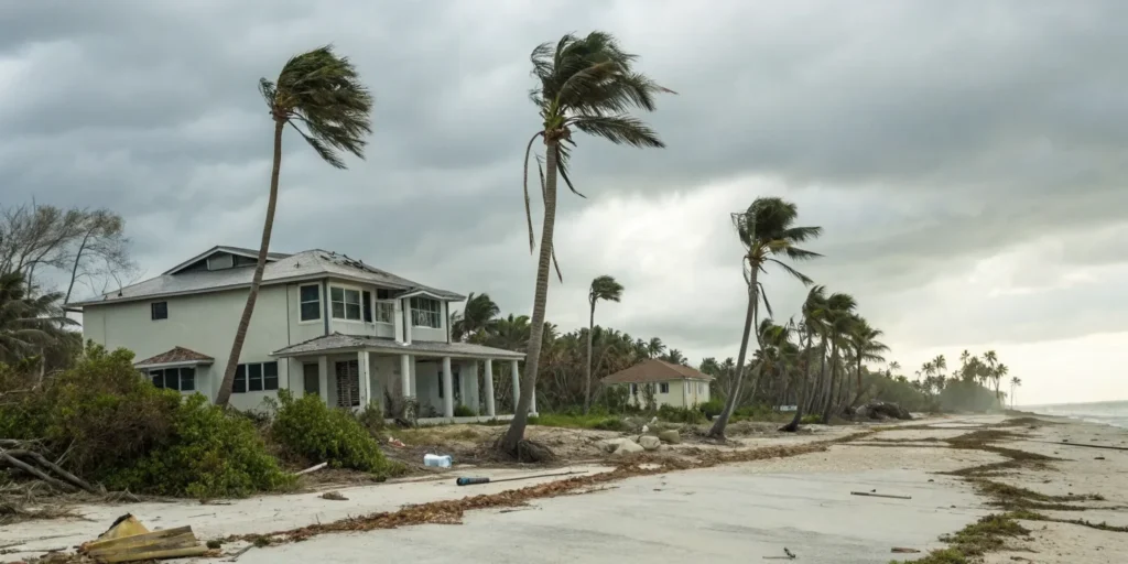 Palm Beach hurricane damage: house, debris, leaning palm trees.