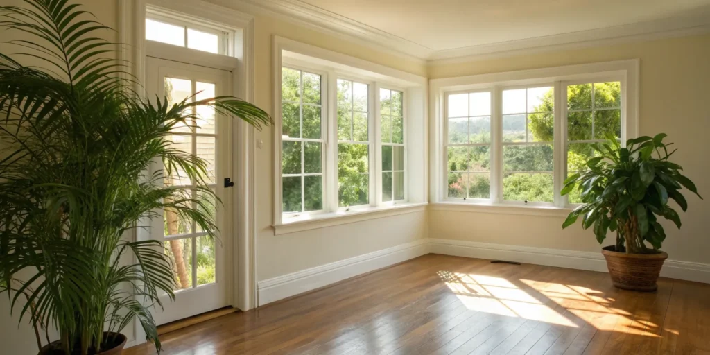 Mold inspection in a bright, airy room with hardwood floors.