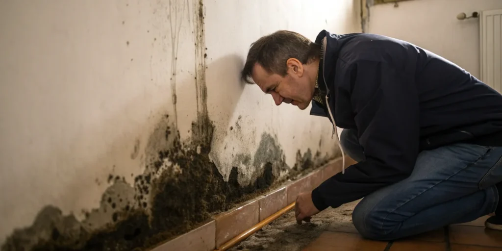 Mold growth on interior wall during inspection.