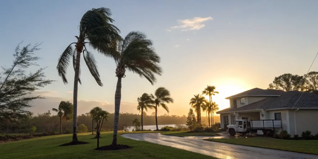 Storm damage to palm trees near house.