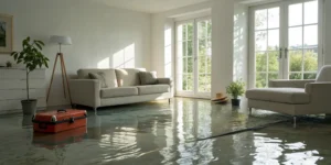 Water damage in a flooded living room.