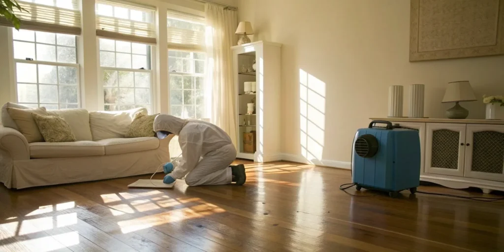Water damage restoration: Technician drying hardwood floor.