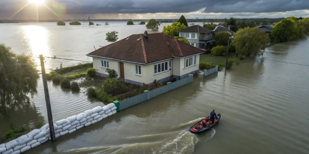 Wellington flood damage: House surrounded by water, sandbags deployed.