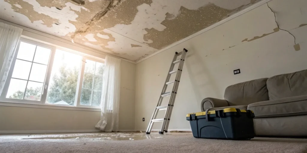 Water-damaged ceiling with peeling paint and cracks.