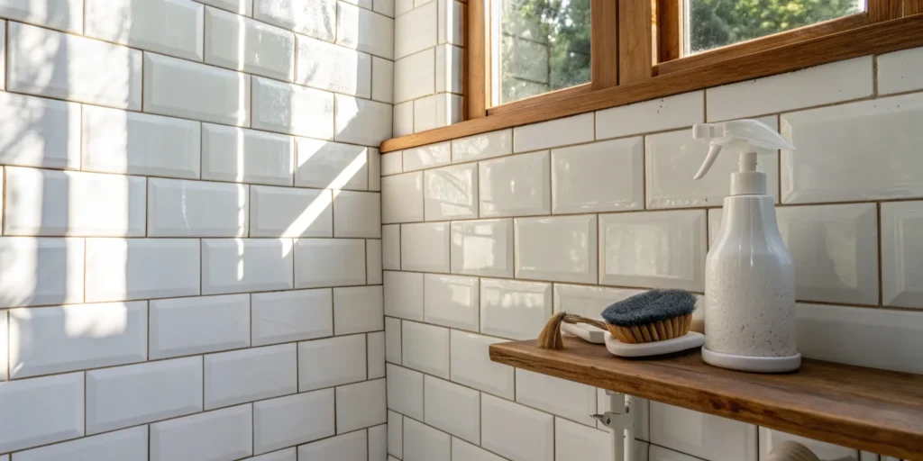 Black mold removal supplies on bathroom tile.