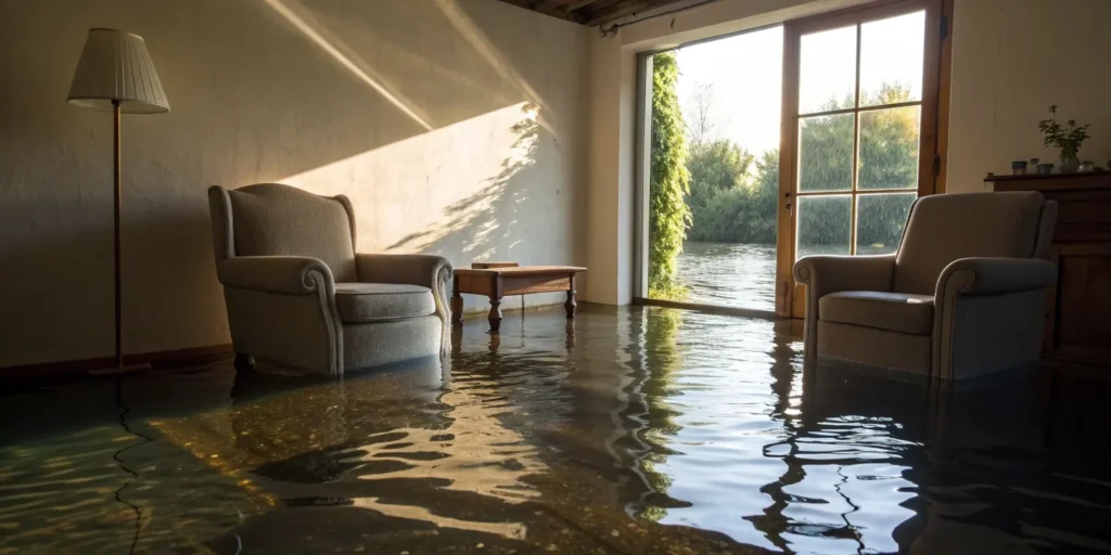 Water-damaged living room after a flood.