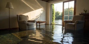 Water-damaged living room after a flood.