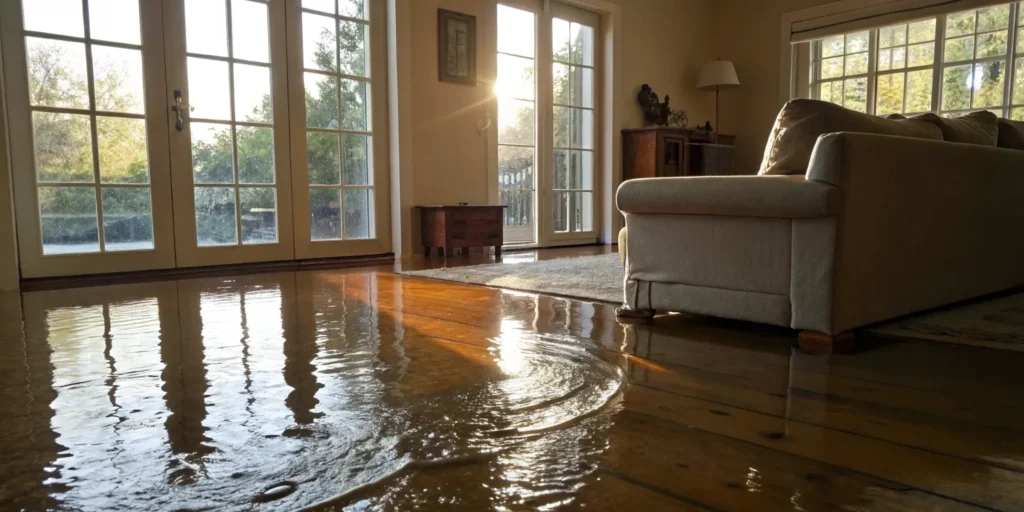 Water-damaged hardwood floor.