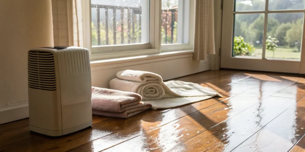 Drying hardwood floors with towels and dehumidifier.