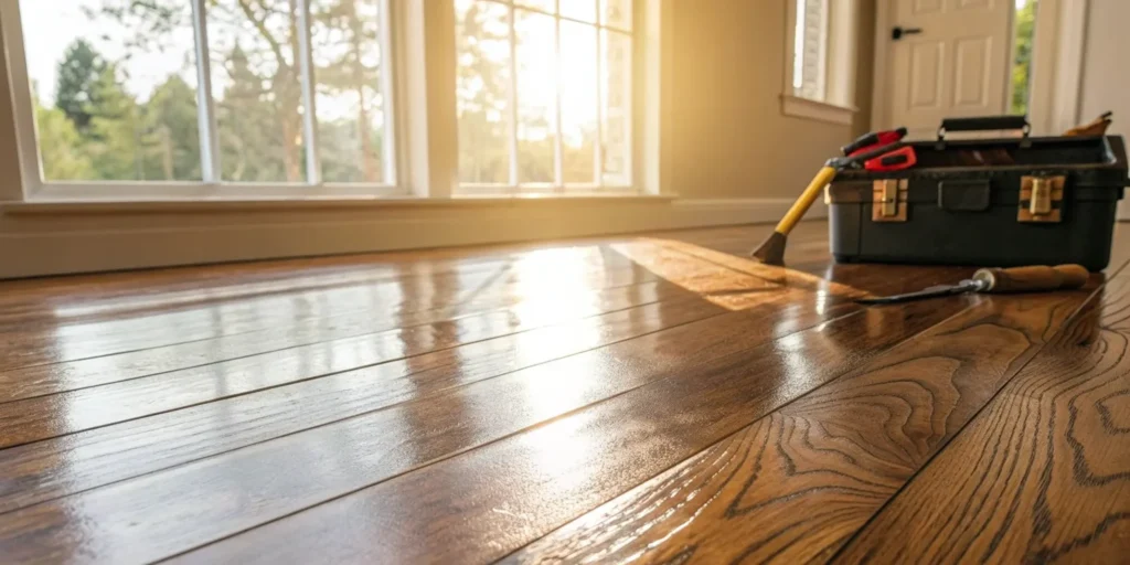 Water-damaged hardwood floor undergoing repairs.