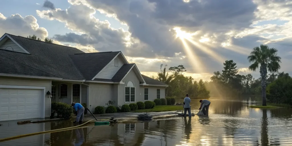 Hurricane damage restoration begins on flooded home.