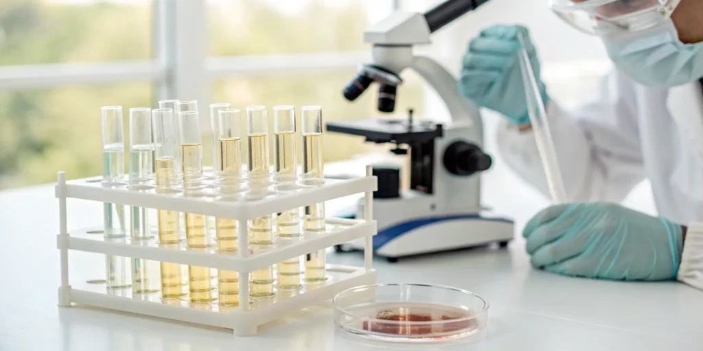 Mold test in lab with petri dish and microscope.