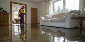 Water damage company professional assessing flooded living room.