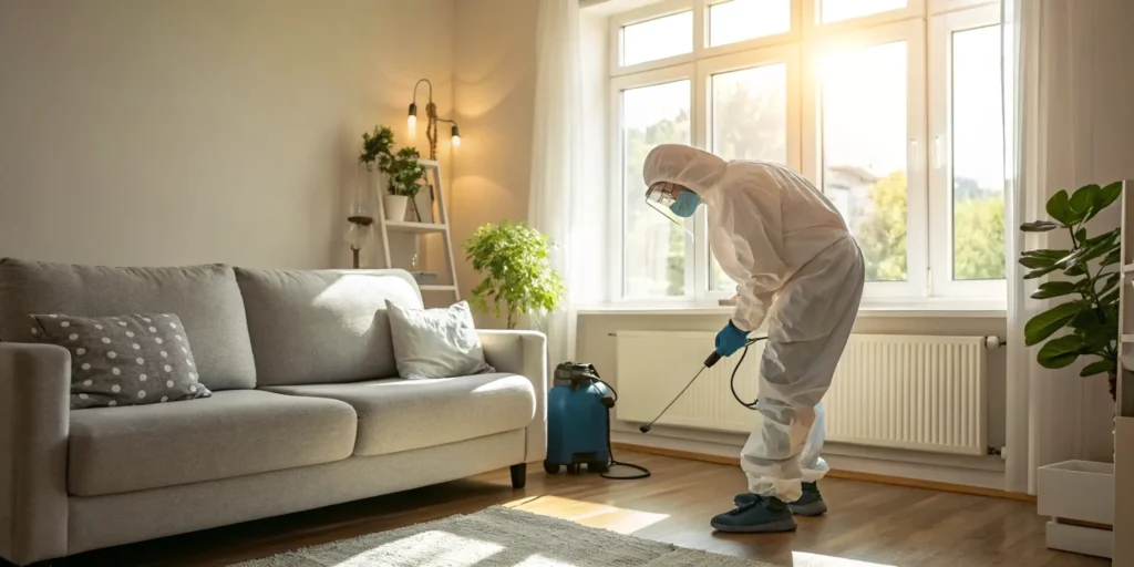 Mold remediation professional in protective gear.
