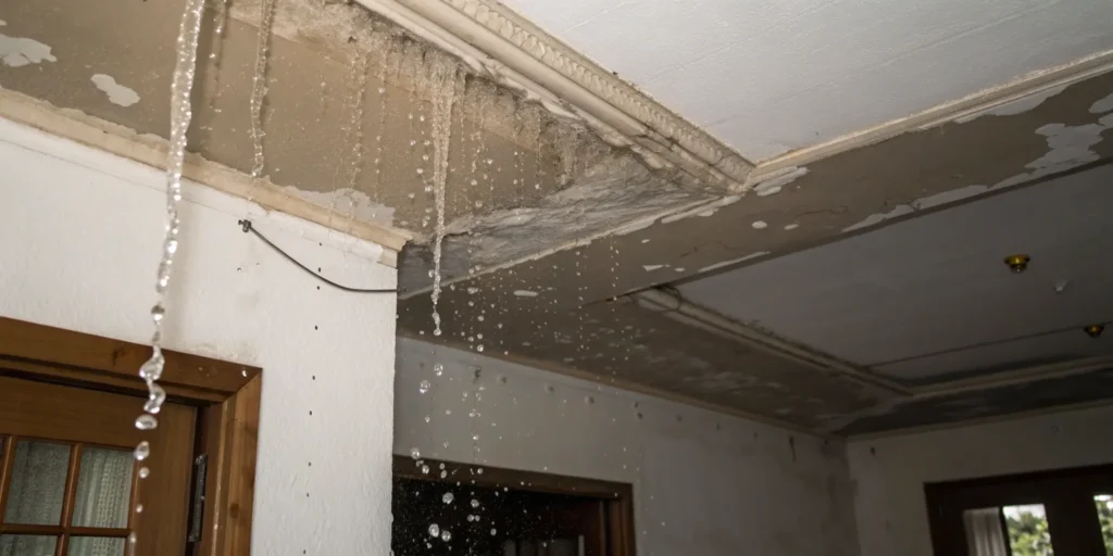 Water damage causing ceiling leak and peeling paint.