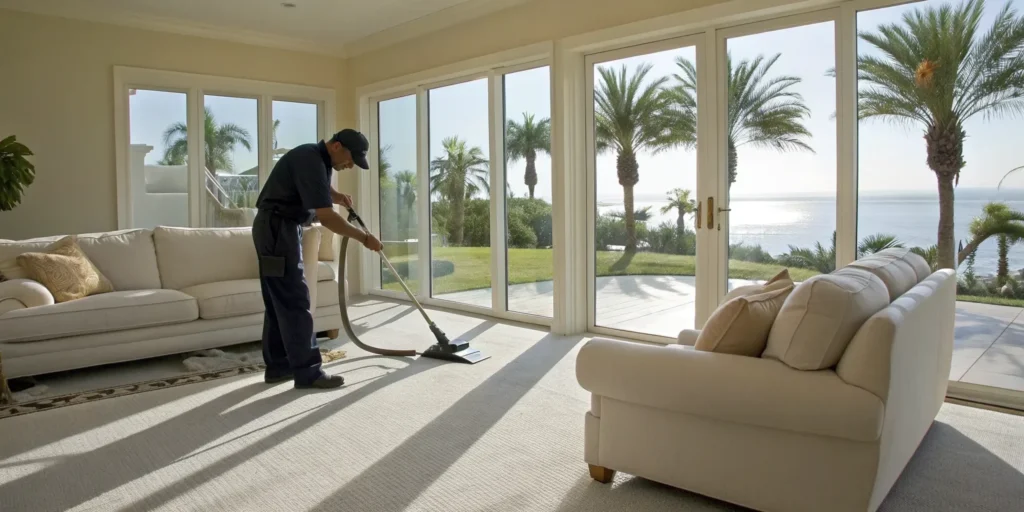 ServiceMaster commercial cleaning technician vacuuming the carpet in a modern office space.