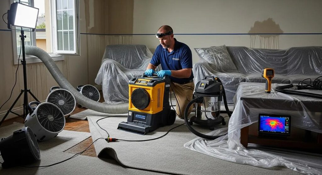 A man wearing gloves and a headlamp uses restoration equipment in a living room. The floor is partially pulled up, furniture is covered in plastic, and drying fans and monitoring devices are running.