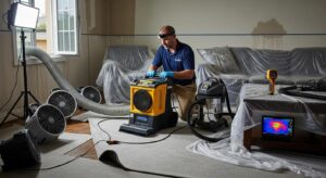 A man wearing gloves and a headlamp uses restoration equipment in a living room. The floor is partially pulled up, furniture is covered in plastic, and drying fans and monitoring devices are running.