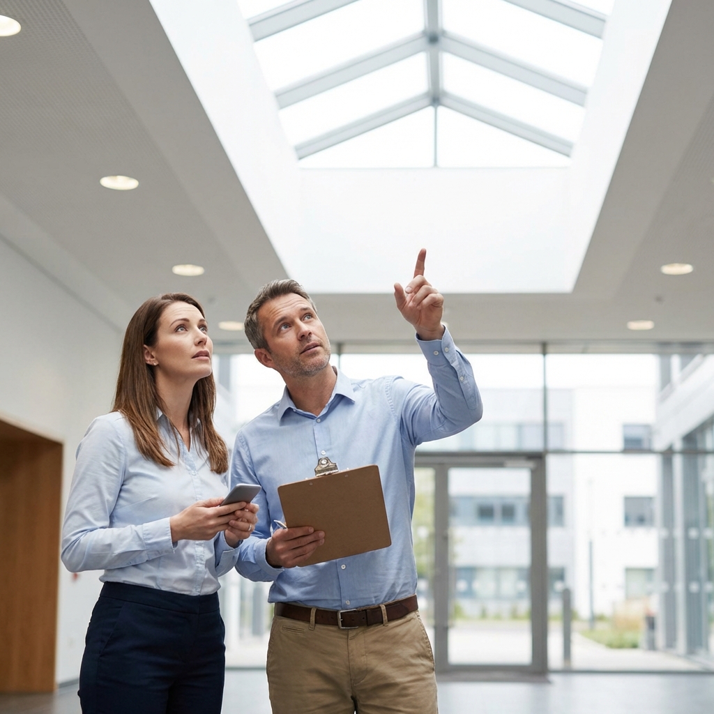 Two professionals in an office hallway, one holding a clipboard and pointing upward, the other holding a smartphone, both looking in the same direction under a large glass ceiling.