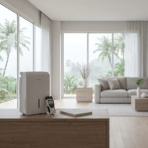 A modern living room with large windows, light-colored furniture, and tropical plants outside. A dehumidifier and a digital meter sit on a wooden table in the foreground.