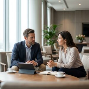 A man and woman sit across from each other at a table in a modern office lounge, engaged in a serious conversation, with a tablet, notebooks, and coffee cups in front of them. Large windows and plants are in the background.
