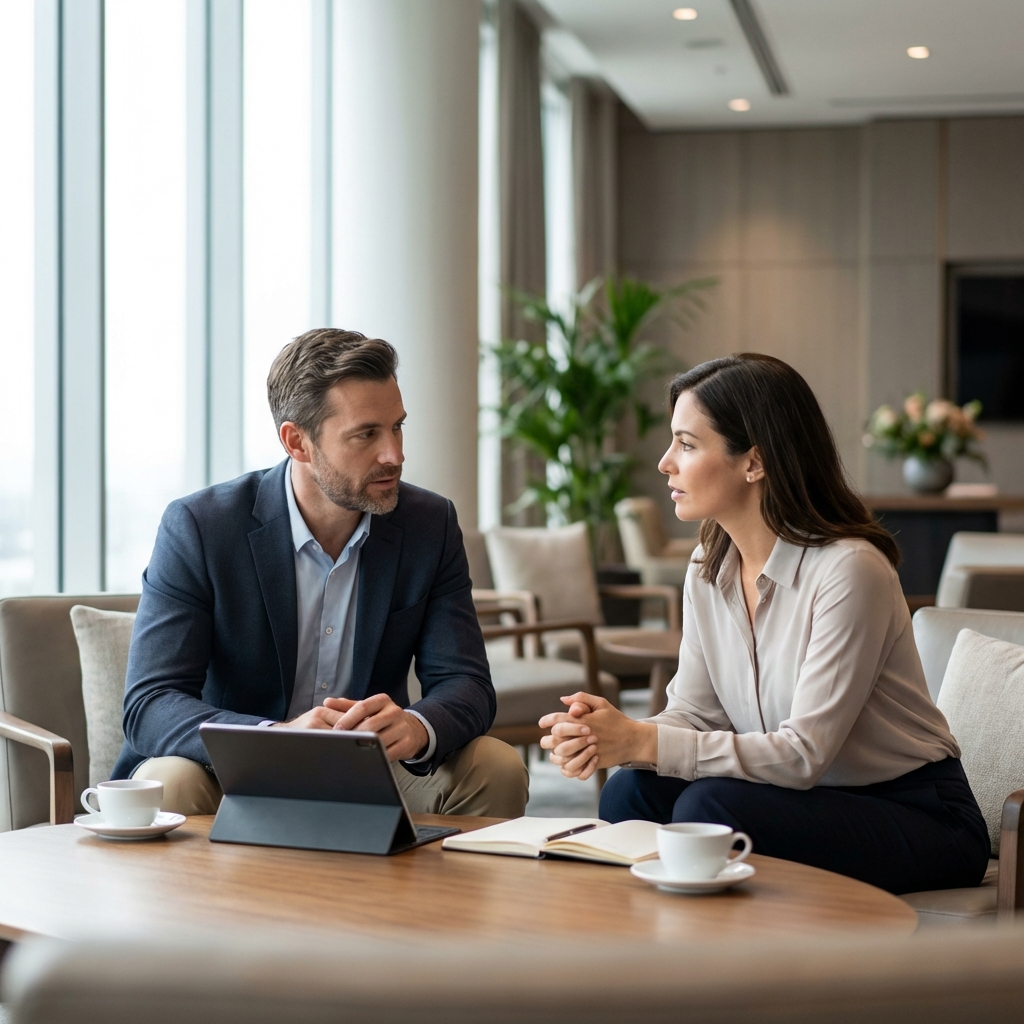 A man and woman sit across from each other at a table in a modern office lounge, engaged in a serious conversation, with a tablet, notebooks, and coffee cups in front of them. Large windows and plants are in the background.
