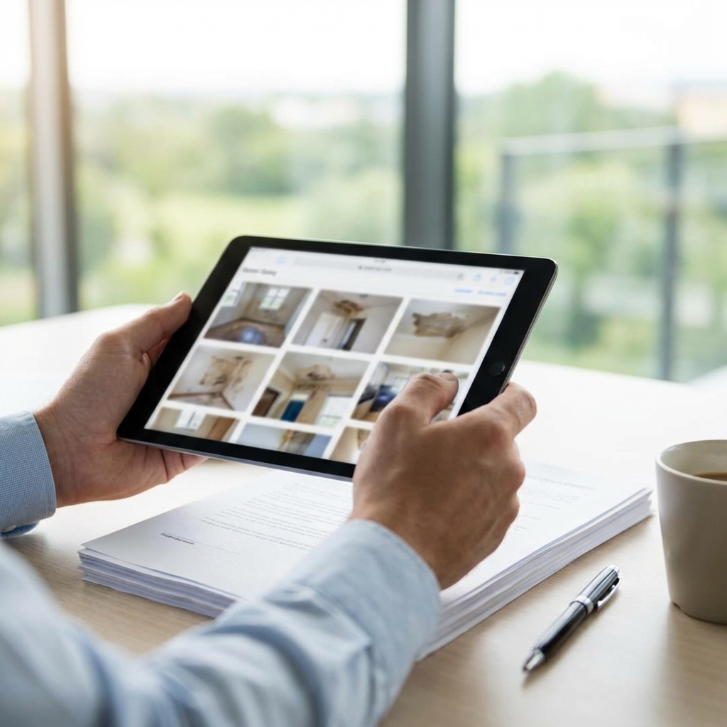 A person holds a tablet displaying a grid of interior room photos, possibly for real estate or design. The tablet rests on a desk with papers, a pen, and a cup, in front of large windows overlooking greenery.