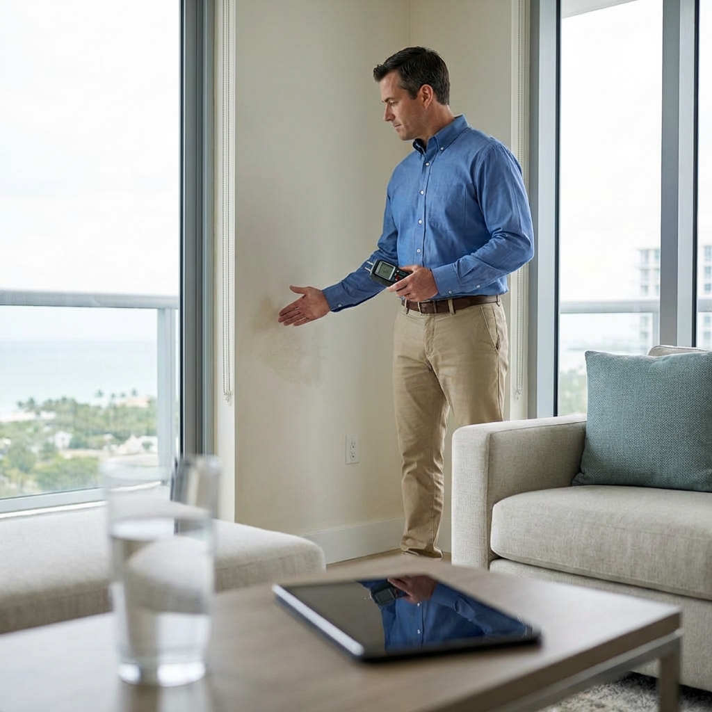 A man in a blue shirt points to a water stain on a white wall inside a bright, modern living room with large windows, a sofa, and a table holding a tablet and two glasses of water.