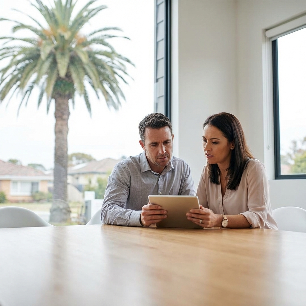 A man and a woman sit at a wooden table indoors, looking at a tablet together. Large windows show a palm tree and houses outside. Both appear focused and engaged in discussion.