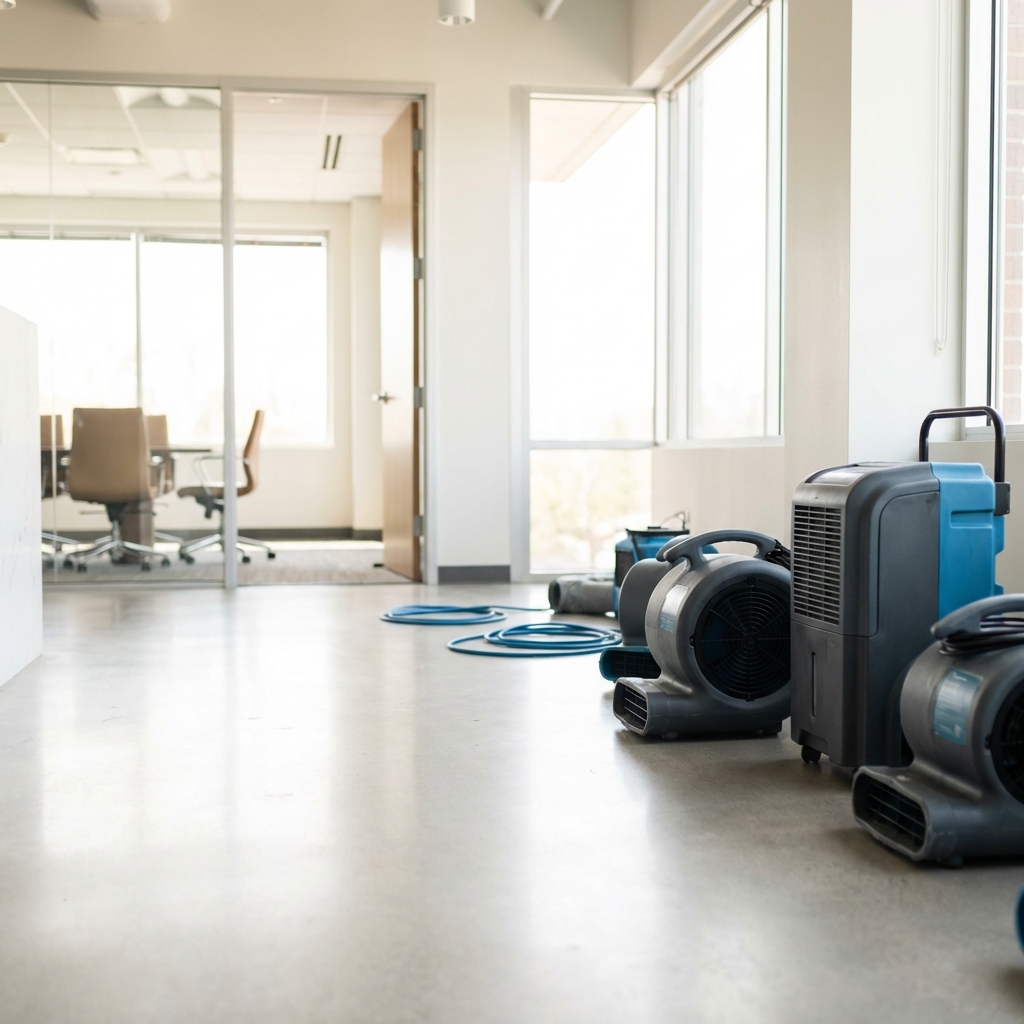 Industrial drying equipment and air movers are set up on the floor of a modern office hallway, with large windows and a conference room visible in the background.
