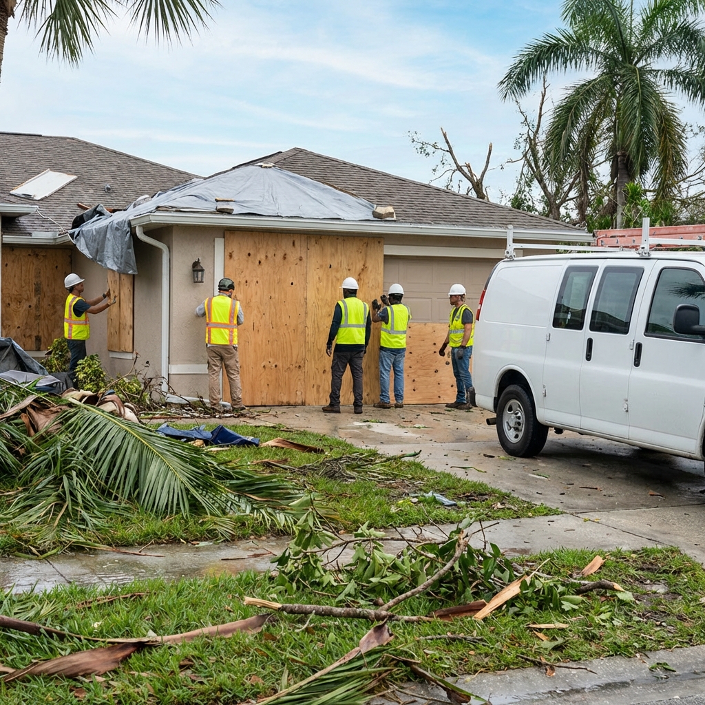 Five workers in safety vests and helmets board up windows and doors of a house with plywood. A white van is parked nearby, and downed branches and debris are scattered on the ground. Palm trees are visible in the background.