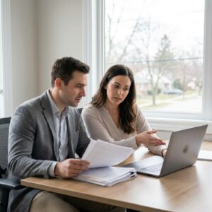 A man and a woman sit at a desk by a window, reviewing documents and looking at an open laptop. The woman gestures toward the screen, and the man holds papers, suggesting a focused discussion or collaboration.