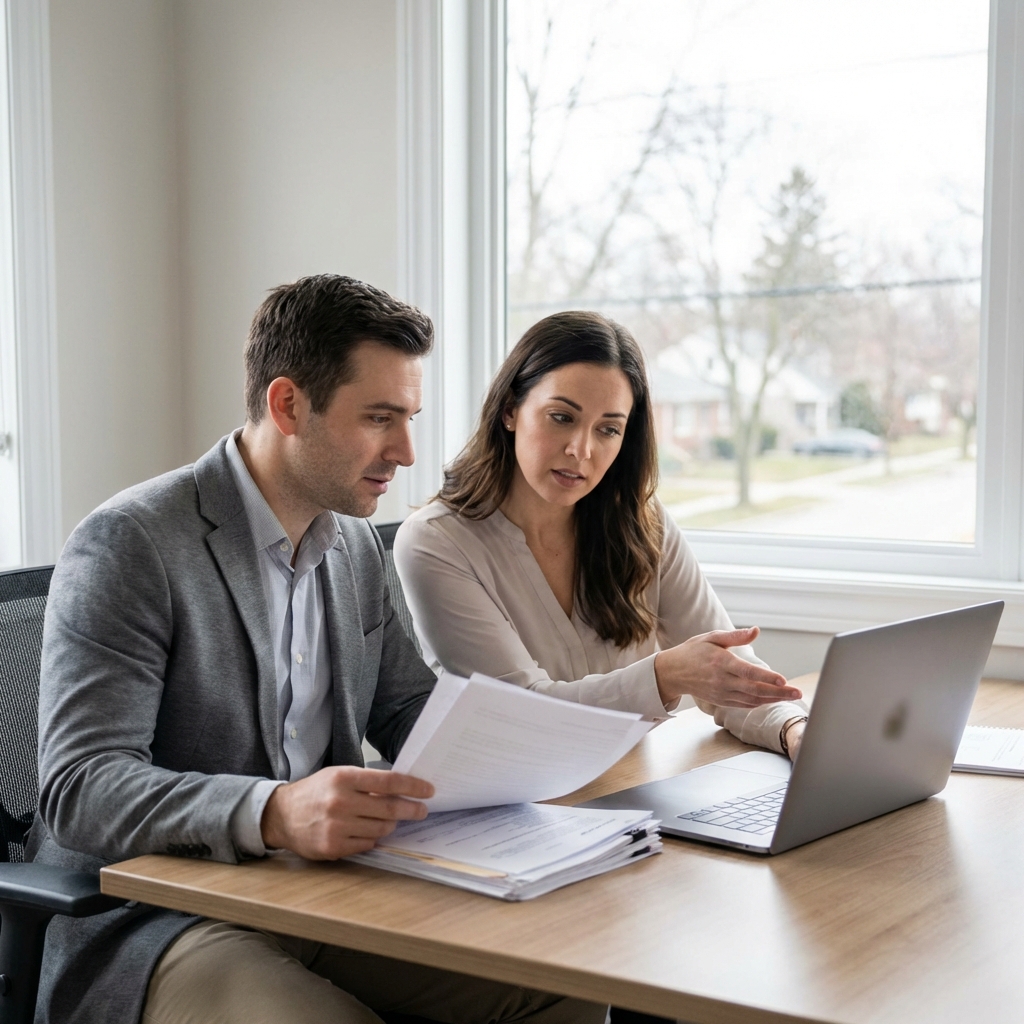 A man and a woman sit at a desk by a window, reviewing documents and looking at an open laptop. The woman gestures toward the screen, and the man holds papers, suggesting a focused discussion or collaboration.