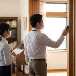 Two people wearing masks inspect the interior of a house. One person holds a clipboard, while the other uses a handheld device to examine a doorway or wall. Sunlight enters through a window in the background.
