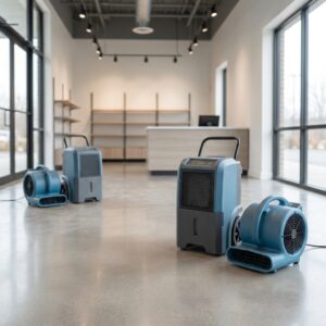 Three industrial air movers and dehumidifiers are positioned on the shiny floor of an empty, modern commercial space with shelves and a counter in the background. Large windows let in natural light.