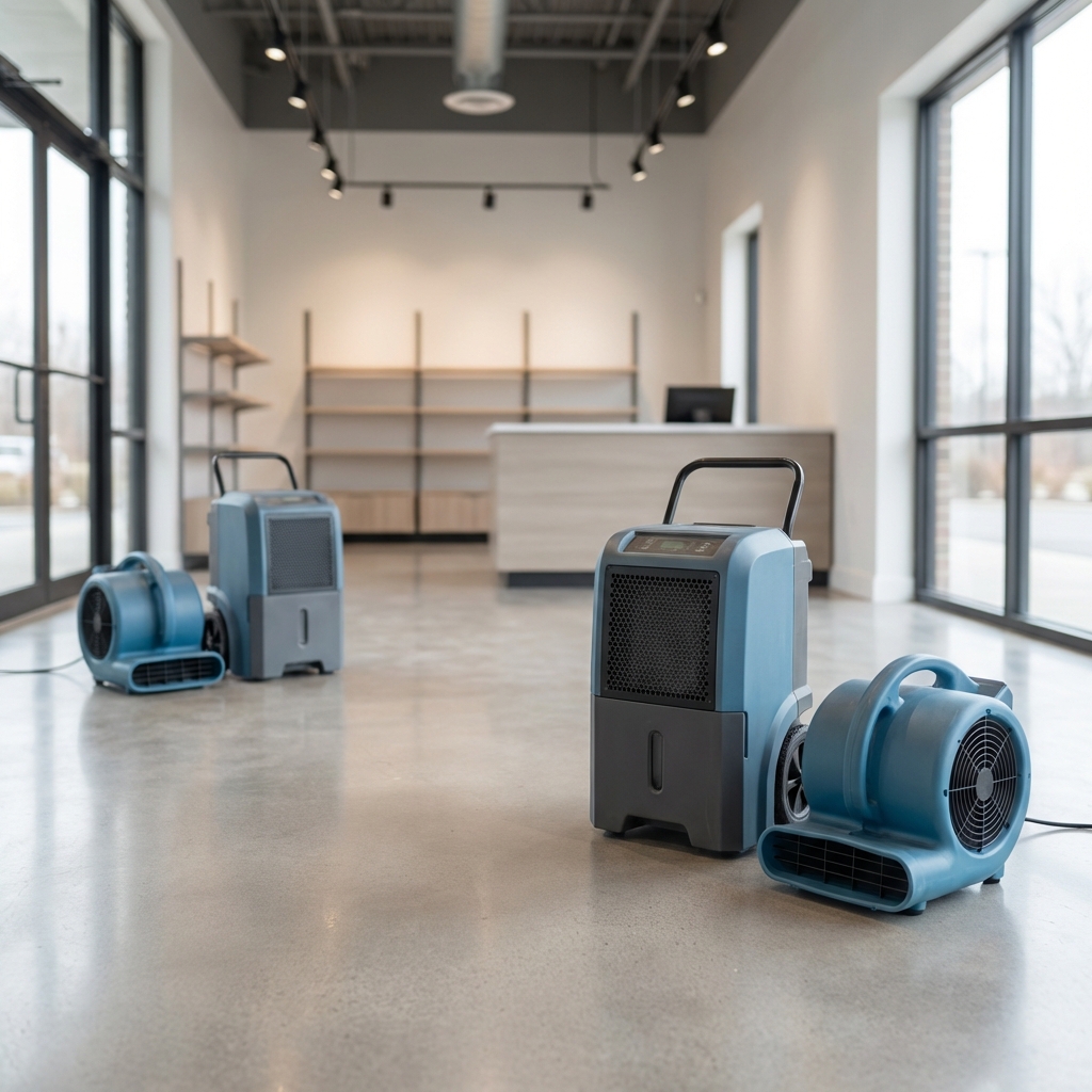 Three industrial air movers and dehumidifiers are positioned on the shiny floor of an empty, modern commercial space with shelves and a counter in the background. Large windows let in natural light.