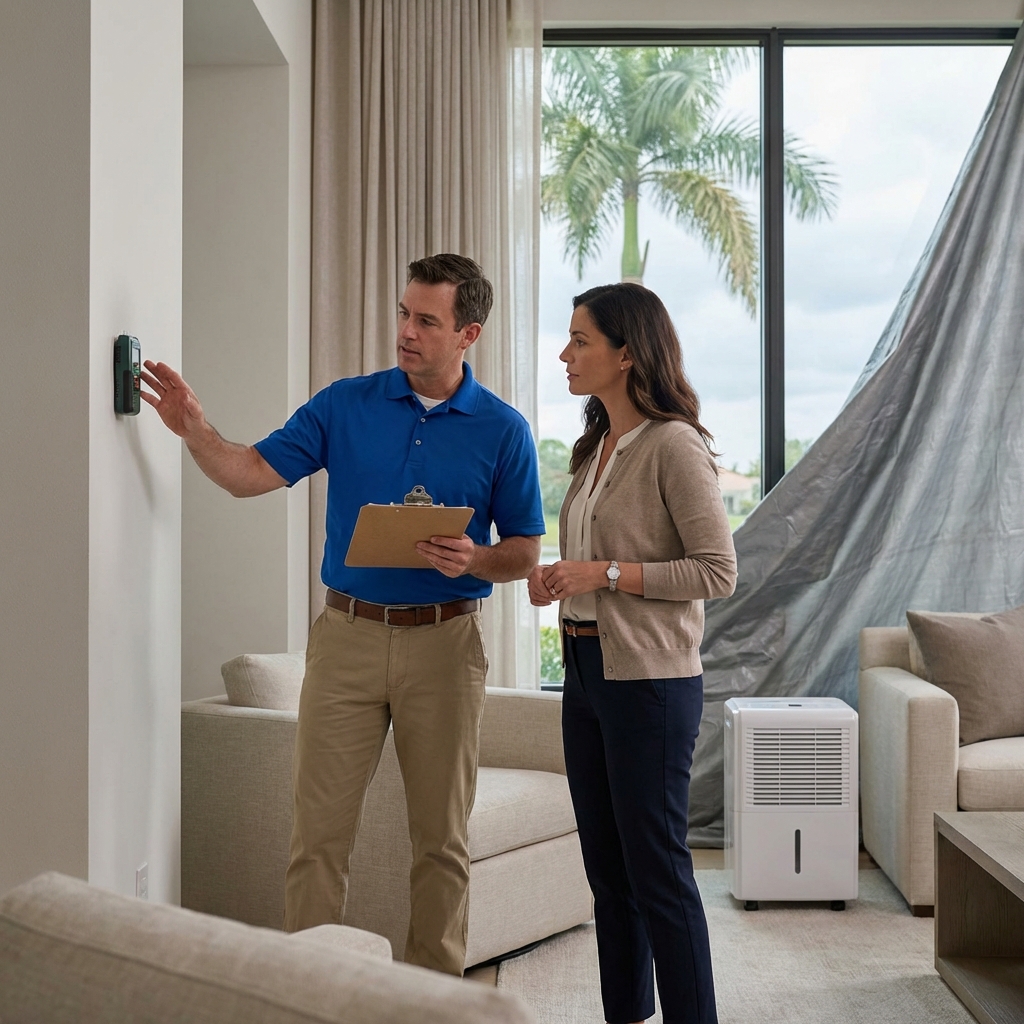 A man with a clipboard explains a wall-mounted device to a woman in a living room. A dehumidifier and large window with palm trees outside are visible in the background.