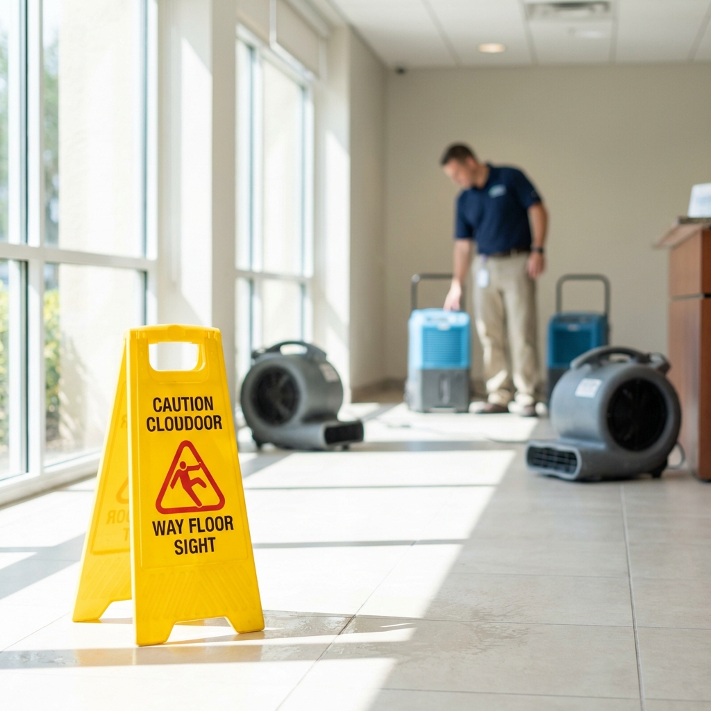 A yellow caution sign warning about a wet floor stands in a bright hallway while a man in a blue shirt operates drying equipment in the background.