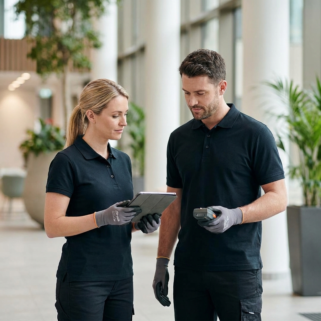 Two workers in black polo shirts and gloves stand indoors, one holding a tablet and the other holding a handheld device, appearing to discuss something. They are in a modern, bright space with large plants in the background.