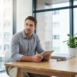 A man sits at a wooden desk holding a tablet, looking thoughtfully to the side. On the desk are a stack of papers, eyeglasses, and a potted plant. Large windows provide natural light in a modern office setting.