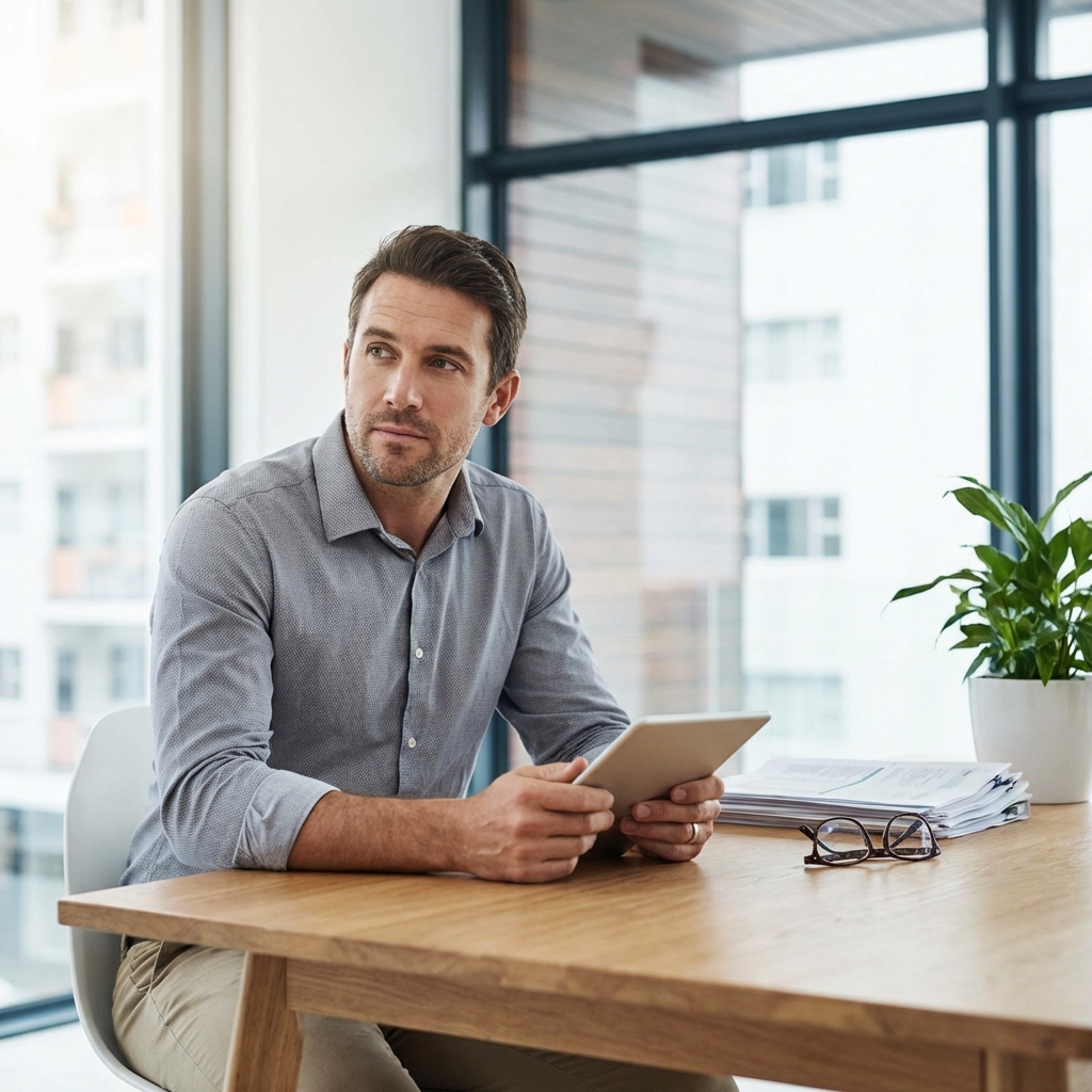 A man sits at a wooden desk holding a tablet, looking thoughtfully to the side. On the desk are a stack of papers, eyeglasses, and a potted plant. Large windows provide natural light in a modern office setting.